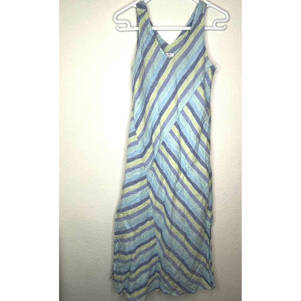 Love Linen J.Jill Dress‎ Sleeveless Long Tank Vneck Striped Blue Small Petite